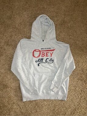 Obey Light Gray Crewneck Hoodie with Red & Navy Logo